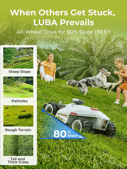 LUBA 2 AWD 10000 Robot Lawn Mower, Perimeter Wire Free Robotic Lawnmower for 2.5 Acres Lawn 80% Slope, Cut Height 1.0"-2.7", APP Control, Compatible with Alexa, All-Wheel Drive, Multi-Zone Management