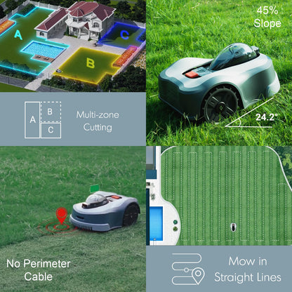NOVABOT N2000 Robot Lawn Mower Perimeter Wire Free RTK+TOF+Vision Robotic Lawn Mower for 1.50 Acres Cut Height 0.8"-3.5" Adjustable APP Control AI-Assisted Mapping Virtual Boundaries Multi-Zone