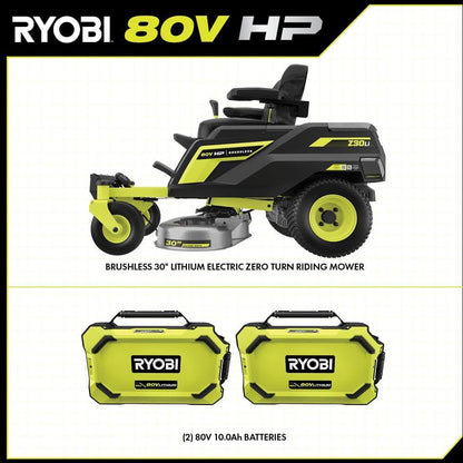 RYOBI 80V HP Brushless 30 in. Battery Electric Cordless Zero Turn Riding Mower with 80V 10 Ah Batteries and Charger